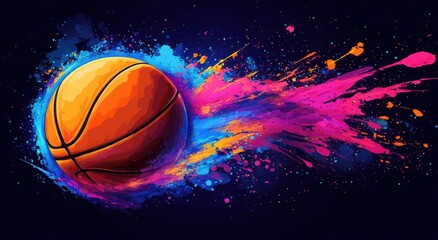 Vibrant basketball in motion with a colorful splash against a dark background.