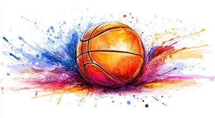 Vibrant watercolor illustration of a basketball with colorful splashes.