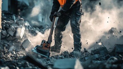 A detailed shot of a construction worker operating a jackhammer on a demolition site surrounded by rubble and dust, Demolition site scene, Gritty and intense style