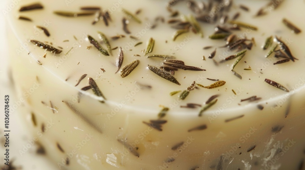 Poster An upclose image of a round soap bar revealing a mesmerizing pattern of tiny speckles of dried herbs and es peeking through the smooth marbled surface made from a combination of nourishing