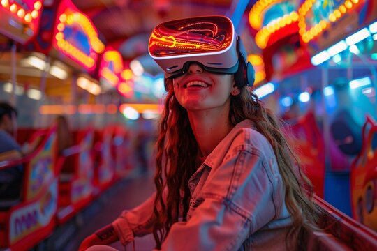 The woman enjoys an immersive virtual reality experience in a vibrant arcade filled with glowing lights. Her excitement is evident as she explores the digital environment