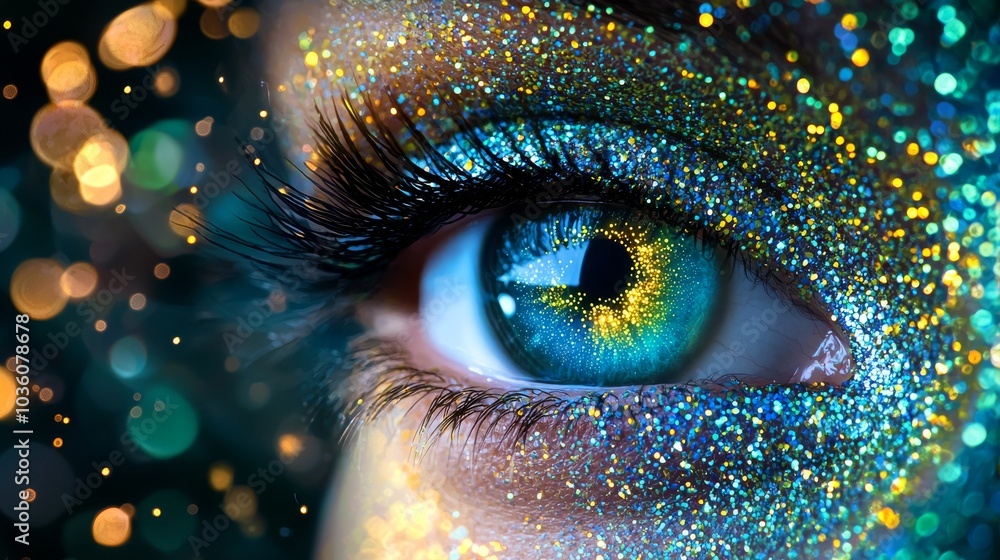 Poster an animated human iris with multiple colors scattered out of a white circle, forming volumetric iris