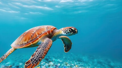 Fototapeta premium Sea turtle swimming through plastic waste in the ocean, symbolizing the threat of pollution to marine life
