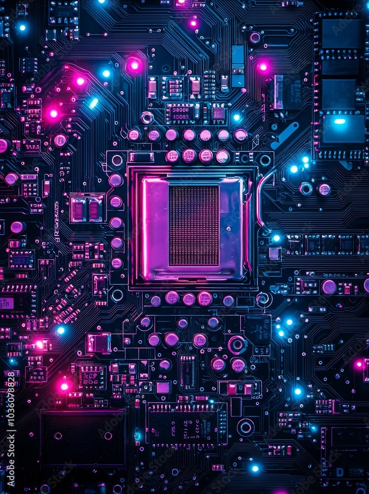 Poster the desktop of a processor sits on the motherboard of a personal computer. illuminated by blue neon 