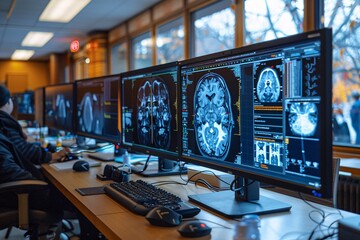 Researchers are analyzing detailed brain scans on multiple large monitors in a contemporary workspace filled with natural light, indicating a focus on medical imagery and diagnostics
