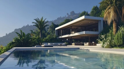 Sleek modern home with large swimming pool and lush garden, perfect for relaxation and luxury living.