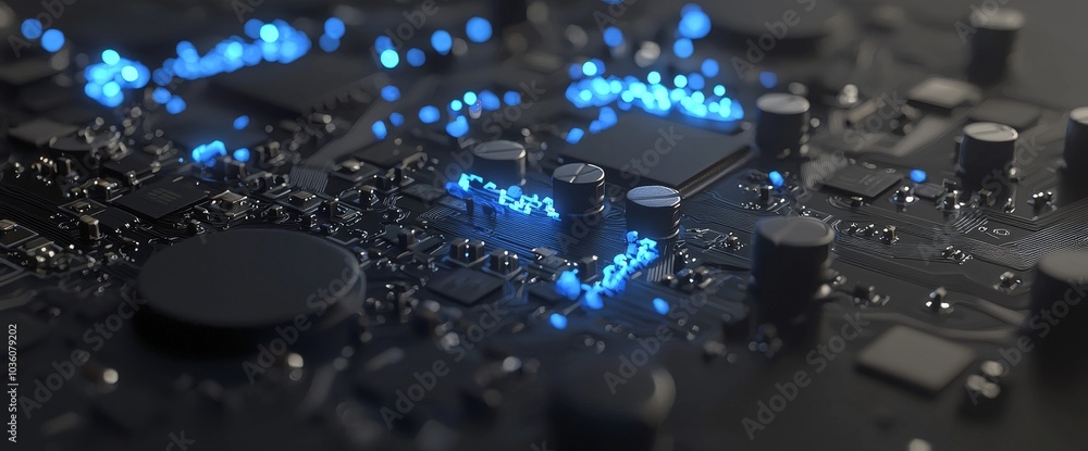 Poster 3d rendering of a futuristic circuit board with illuminated processor sending electric pulses along 