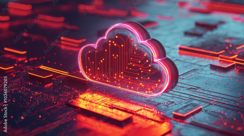 Poster data transfer cloud computing technology concept with a prominent cloud icon in the center and small
