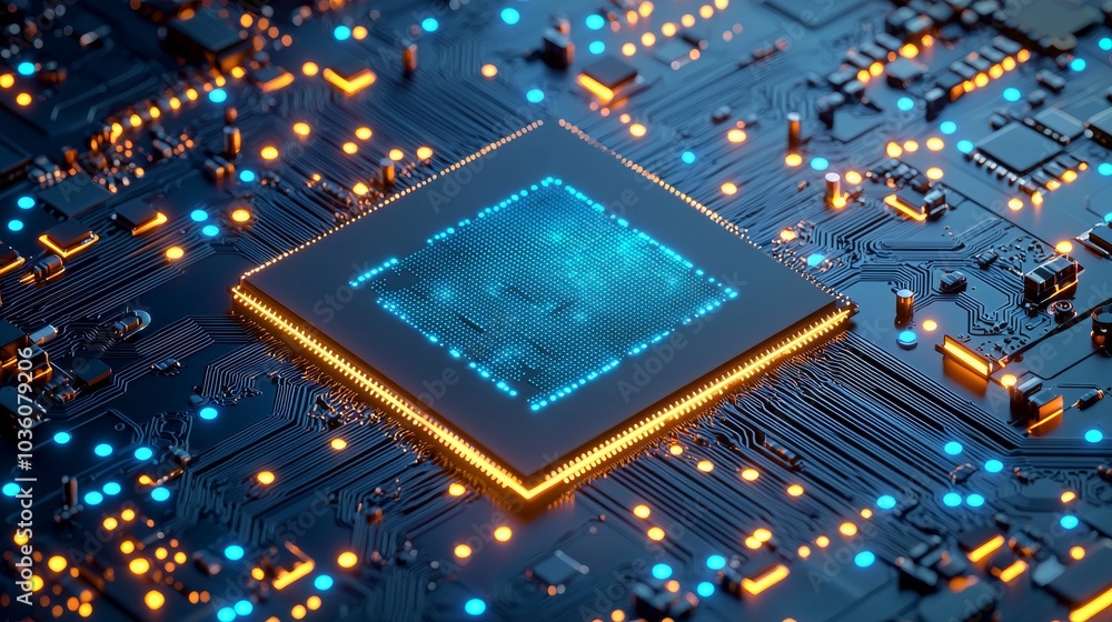 Poster metal plates and particles form an abstract background for high-tech digital technology.
