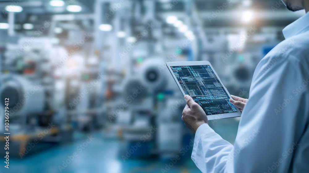 Poster a hand holds a tablet in front of a blurry automated machine, representing the concept of smart indu