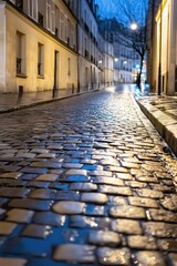 Fototapeta premium An Enchanting Evening Stroll Along the Rain-Soaked Cobblestone Streets of Paris