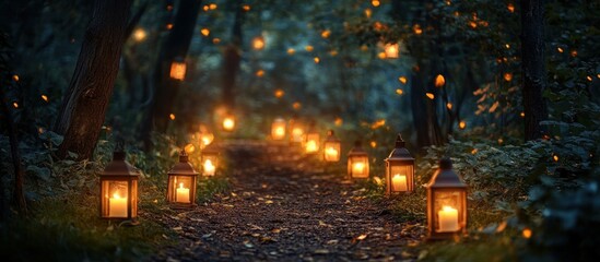 Fototapeta premium A magical forest path illuminated by glowing lanterns and fireflies.