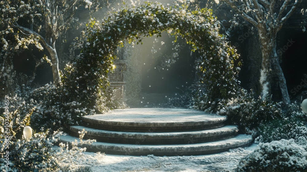 Aufkleber an ornate archway covered in lush greenery stands amidst snow-dusted trees, creating a whimsical atm