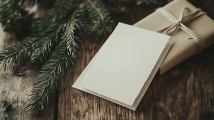 Blank Christmas card on wooden table near Christmas tree branches Generative AI