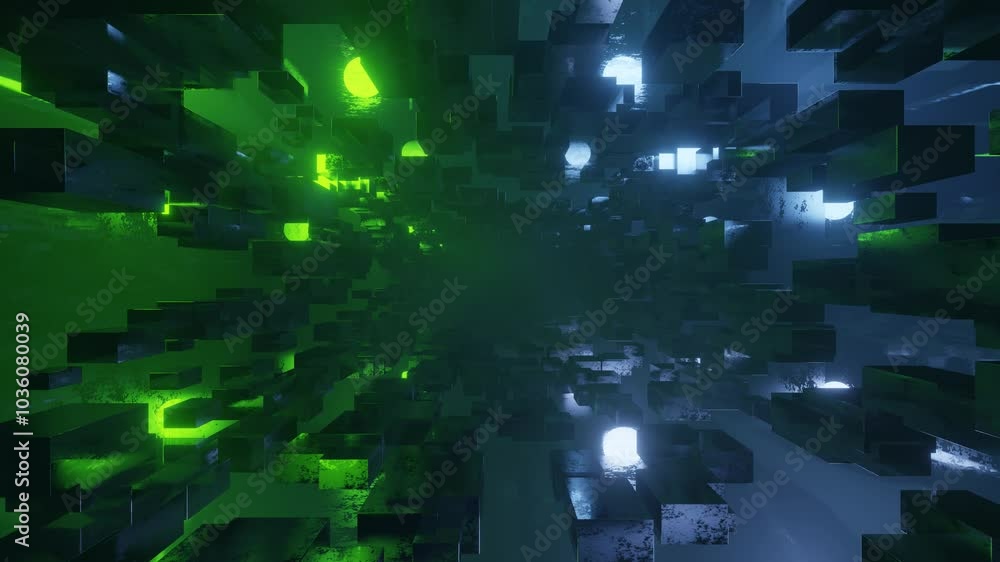 Poster sci-fi constructions, mysterious 3d objects in fog. fly through technology cyberspace with neon glow