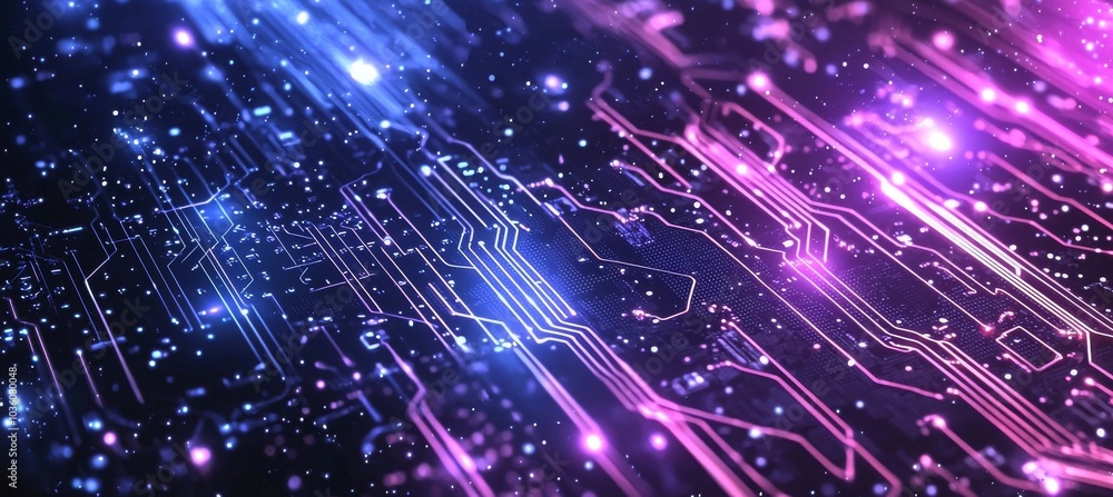 Poster an illustration of a modern-looking circuit board background with a wave-like texture design. quantu