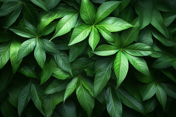Close-up view of diverse green leaves creating a lush, textured pattern in a natural setting during daylight hours