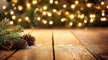   A pine cone sits atop a wooden table alongside another pine cone