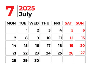 July 2025 Monthly Calendar design with clean look and week starts from monday