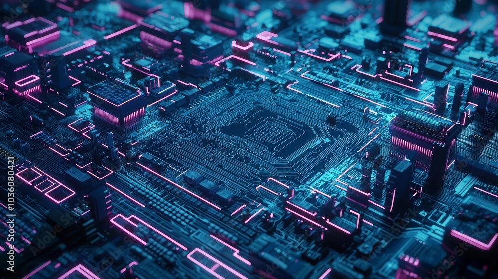 Poster abstract background. digital technology. pcb. microchip link. 3d illustration. purple violet and blu