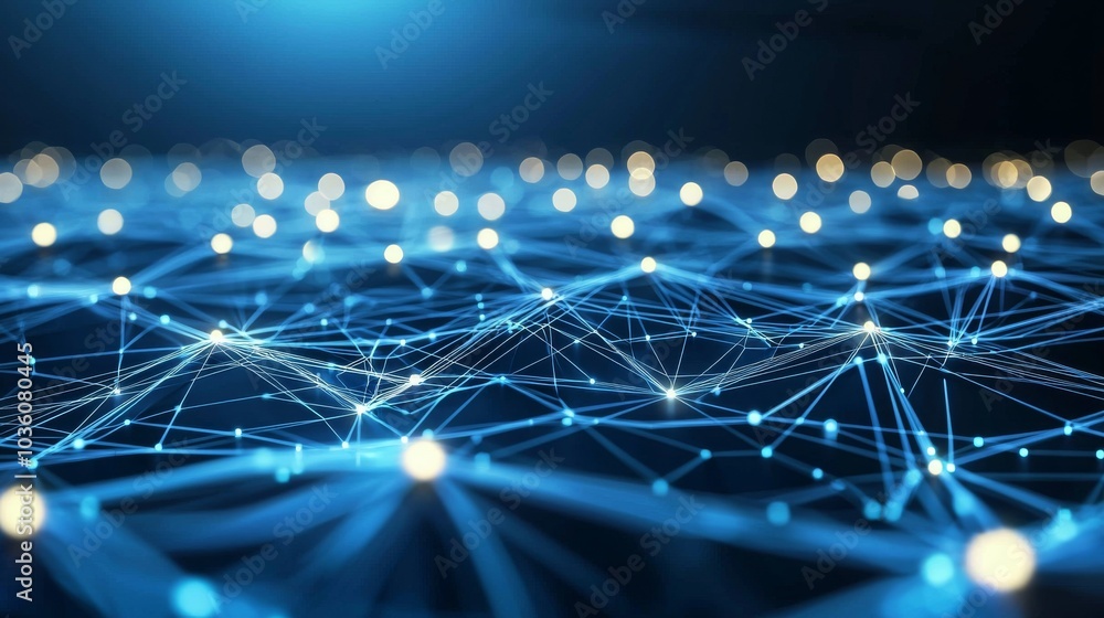 Poster stock aig21. blue abstract background with particles and a network grid.