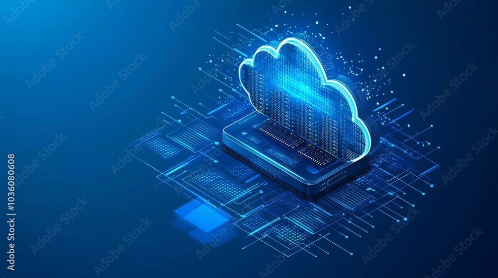 Canvas Prints an abstract motion of digital data flow with cloud icon, golden light digits, and blue background. a
