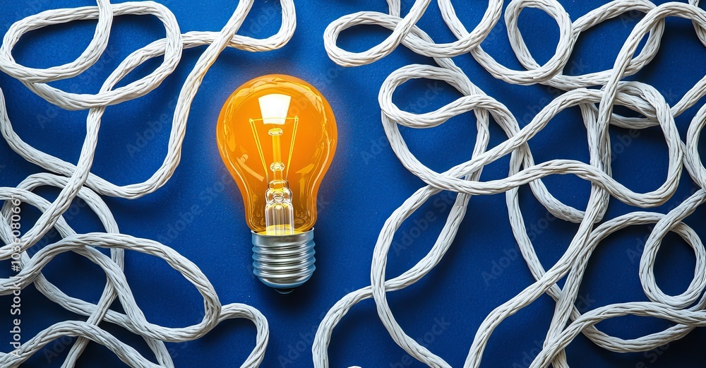 Poster a flat lay illustrating the concept of clarifying complex ideas through the use of light bulbs