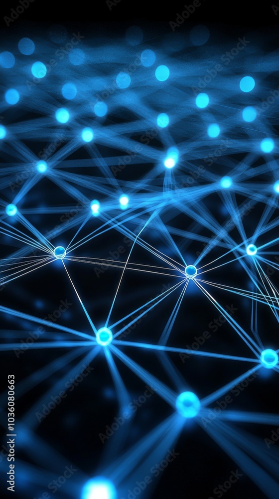Poster background image of a quantum computing system with a network grid and connected particles. artifici