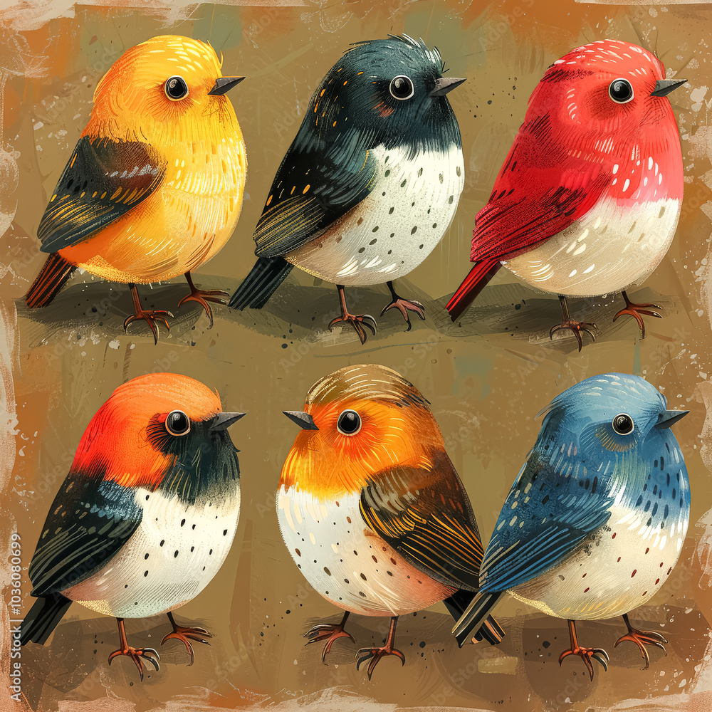 Poster set of six colorful birds with different colors and patterns. the birds are arranged in a row, with 