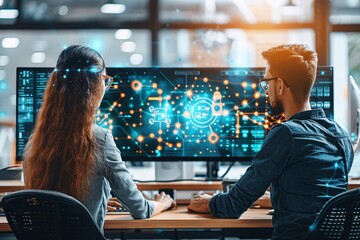 Two professionals work together at a desk in a modern office, analyzing complex data visualizations on large screens. The environment is tech-driven and collaborative, highlighting teamwork