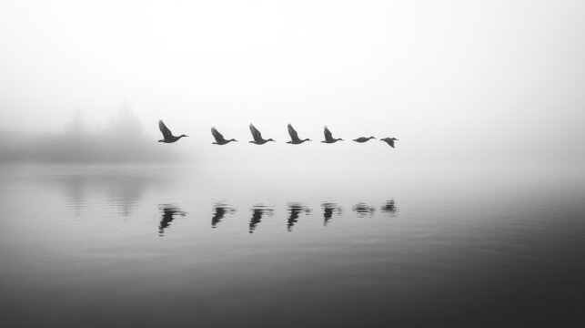 Birds in formation over a calm lake, serene landscape, tranquil atmosphere, minimal reflections creating harmony in nature