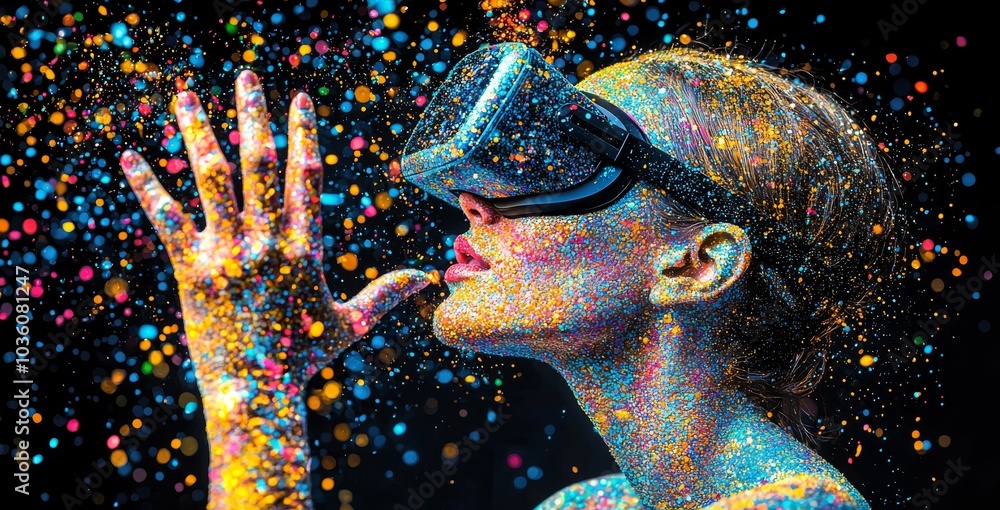 Poster image of a man using a virtual reality headset. glitches can be seen in the image.