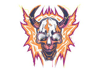 Vibrant Skull with Horns and Lightning Design