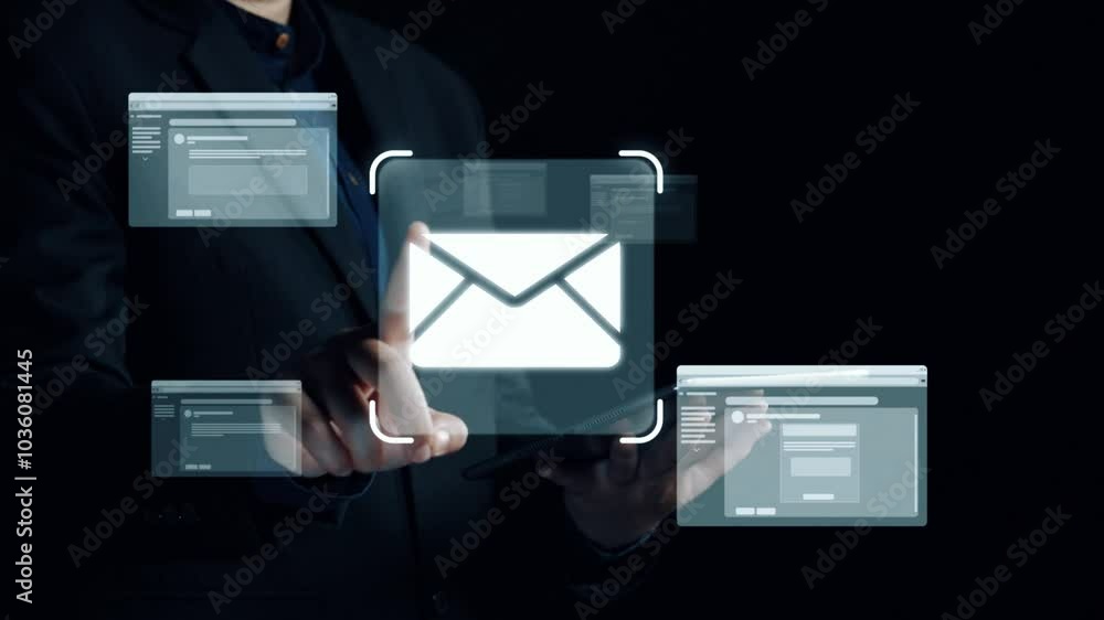 Poster business person checking email inbox, organizing and prioritizing messages for better productivity. 