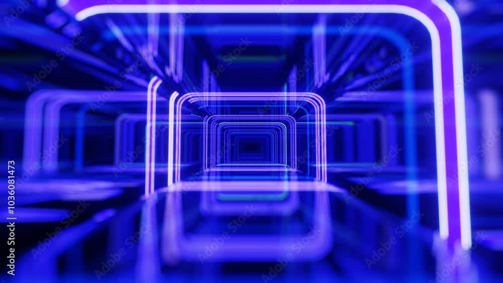 Poster 4k seamless looped animation. fly through mirror tunnel with neon pattern, glow lines form sci fi pa