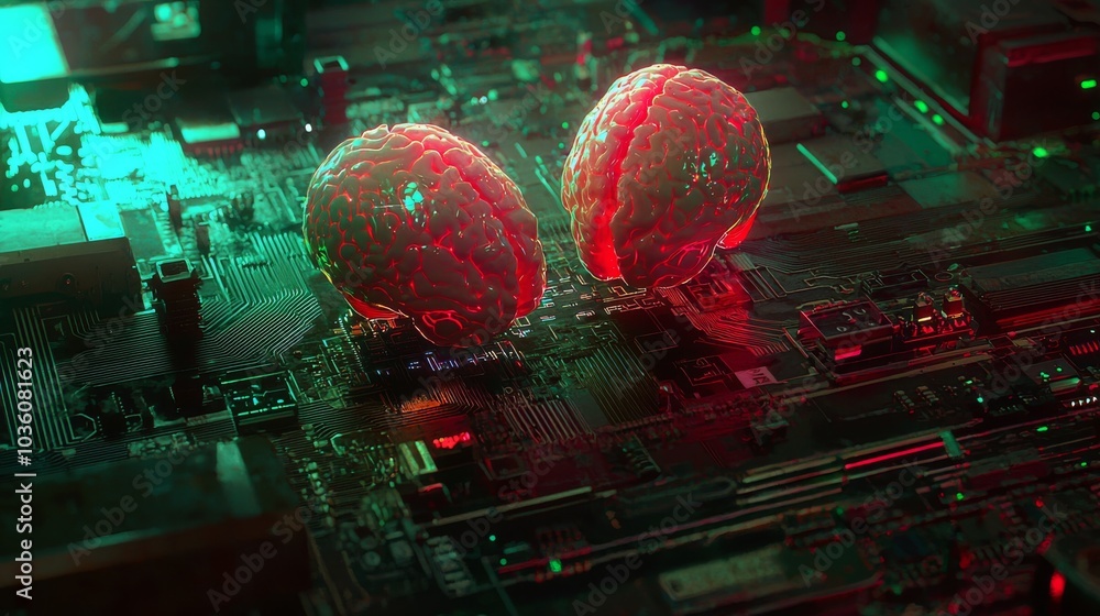 Poster data-driven stock concept. human brain glowing from processor, symbolizing the fusion of human intel