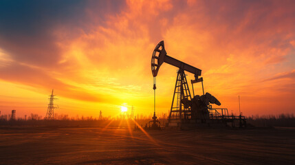 Fototapeta premium A large pump used in oil production is working at an oil field as the sun sets.