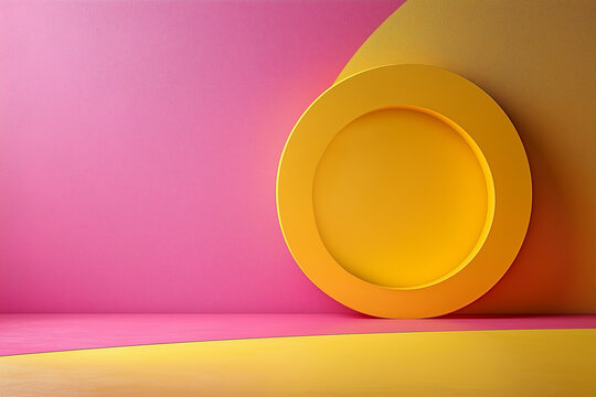 Colorful geometric arrangement of a yellow circular object against a vibrant pink and yellow textured backdrop