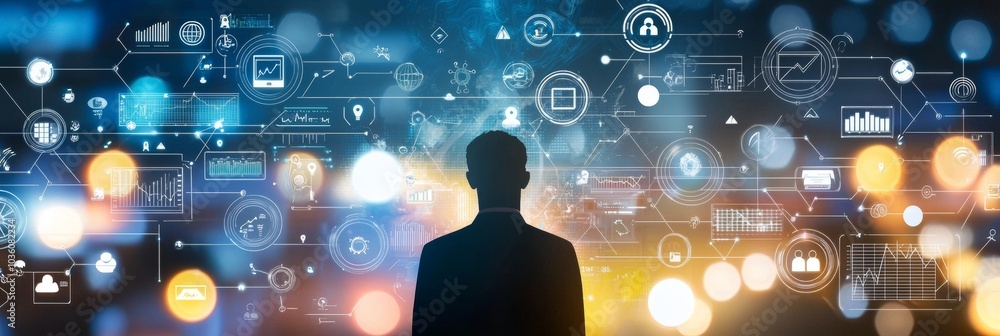 Poster an entrepreneur collaborates with ai algorithms to foster innovation in a high-tech environment