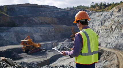 A detailed shot of a mining engineer in a reflective vest and helmet, assessing rock samples with heavy machinery in the background, Open-pit mining operation scene
