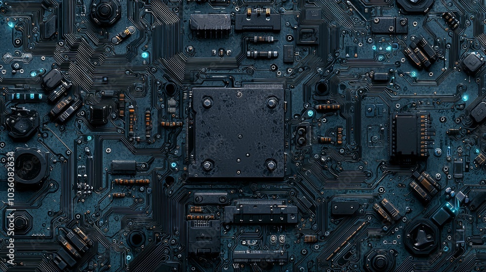 Poster the abstract circuitry technology of electronic computer hardware on a circuit board background