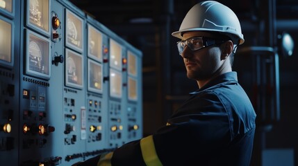 A detailed shot of a power plant operator in a hard hat and safety gear, standing confidently in front of a large control panel with various gauges and indicators, Power plant control room scene