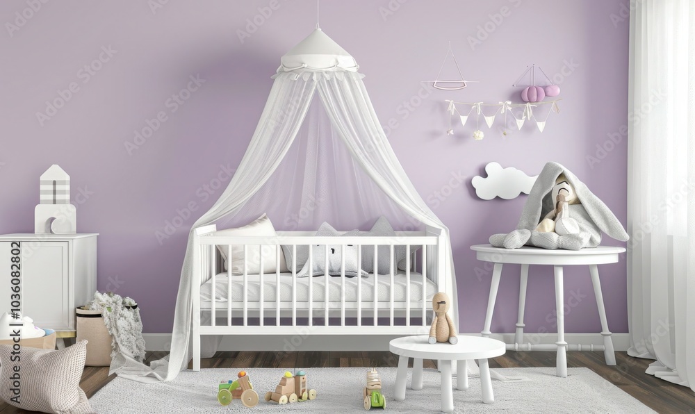 Wall mural a white crib with a canopy and toys in a light purple nursery