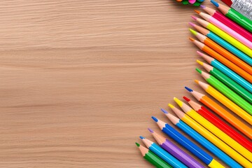 Obraz premium An outline of school supplies on a wooden table. Scissors, pencils, paper clips, notepads, markers, rulers.