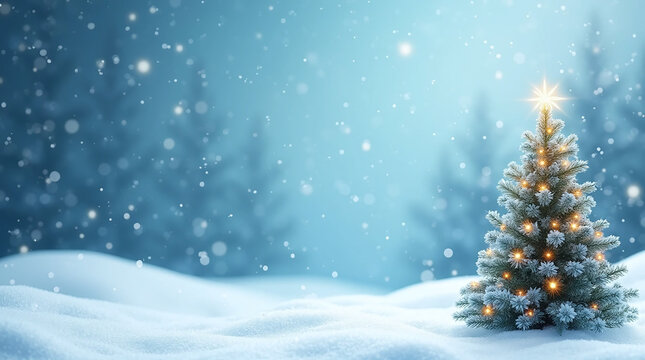 Christmas Tree in Winter Wonderland with Sparkling Snowfall, Xmas banner with copyspace, Generative Ai