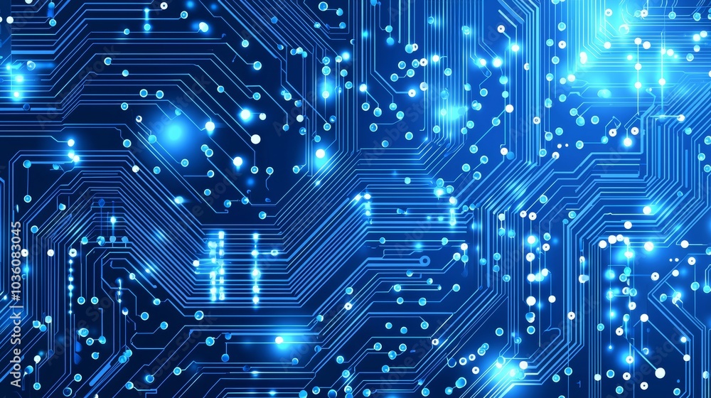 Poster glowing blue circuitry and lines on an abstract digital circuit board background