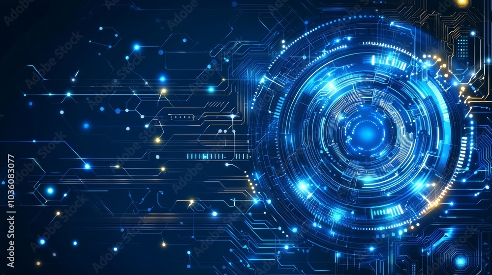 Poster an abstract ai circuit board background with blue lines joining electronics elements in the backgrou