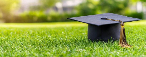 A graduation cap with an orange tassel rests on a grassy field with a blurred background, symbolizing education in its natural state.