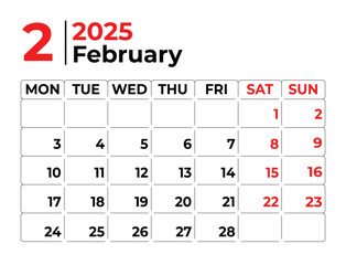 February 2025 Monthly Calendar design with clean look and week starts from monday