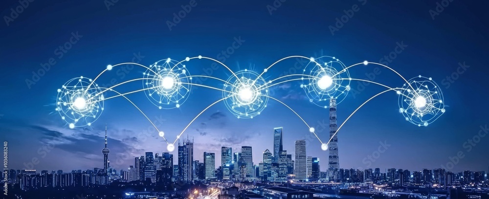 Poster a smart city that uses the internet of things and is connected to the network.